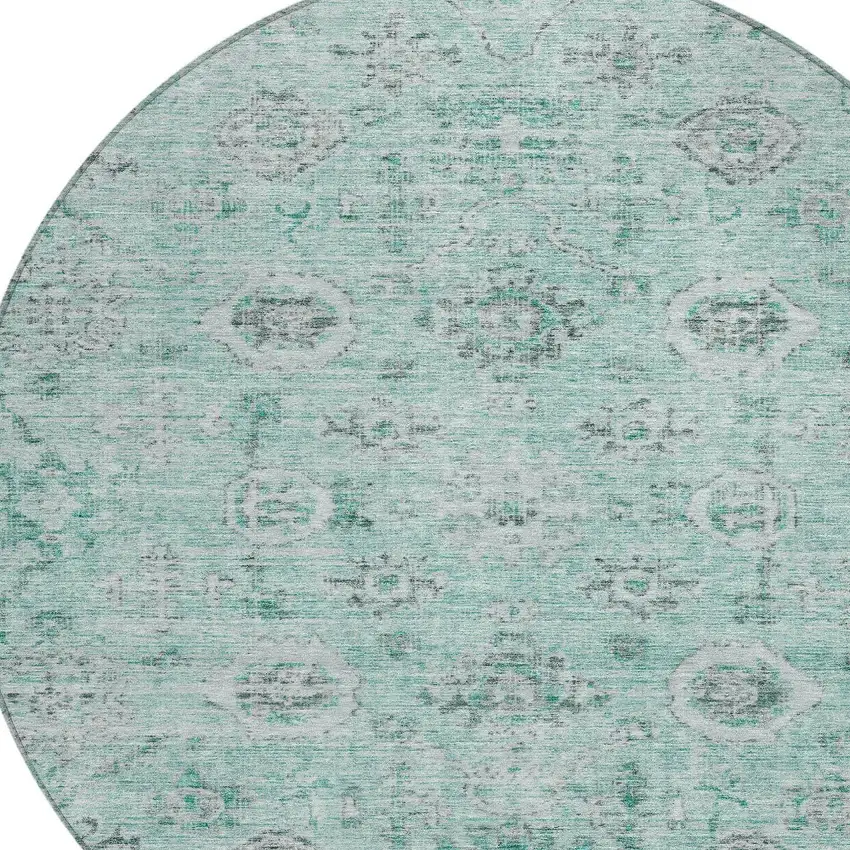 8' Teal Blue Ivory And Gray Round Damask Washable Indoor Outdoor Area Rug Photo 5
