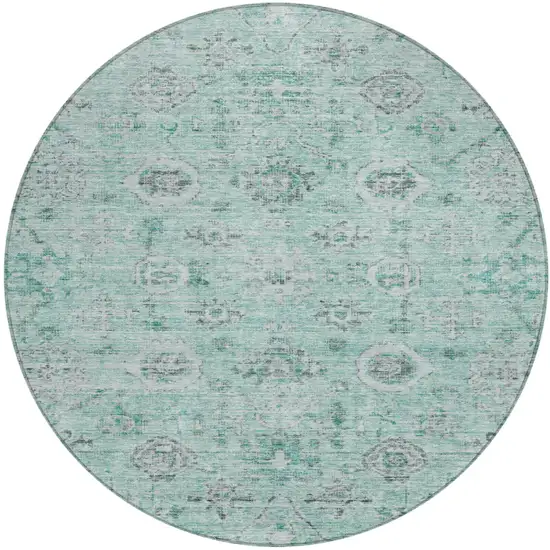 8' Teal Blue Ivory And Gray Round Damask Washable Indoor Outdoor Area Rug Photo 2