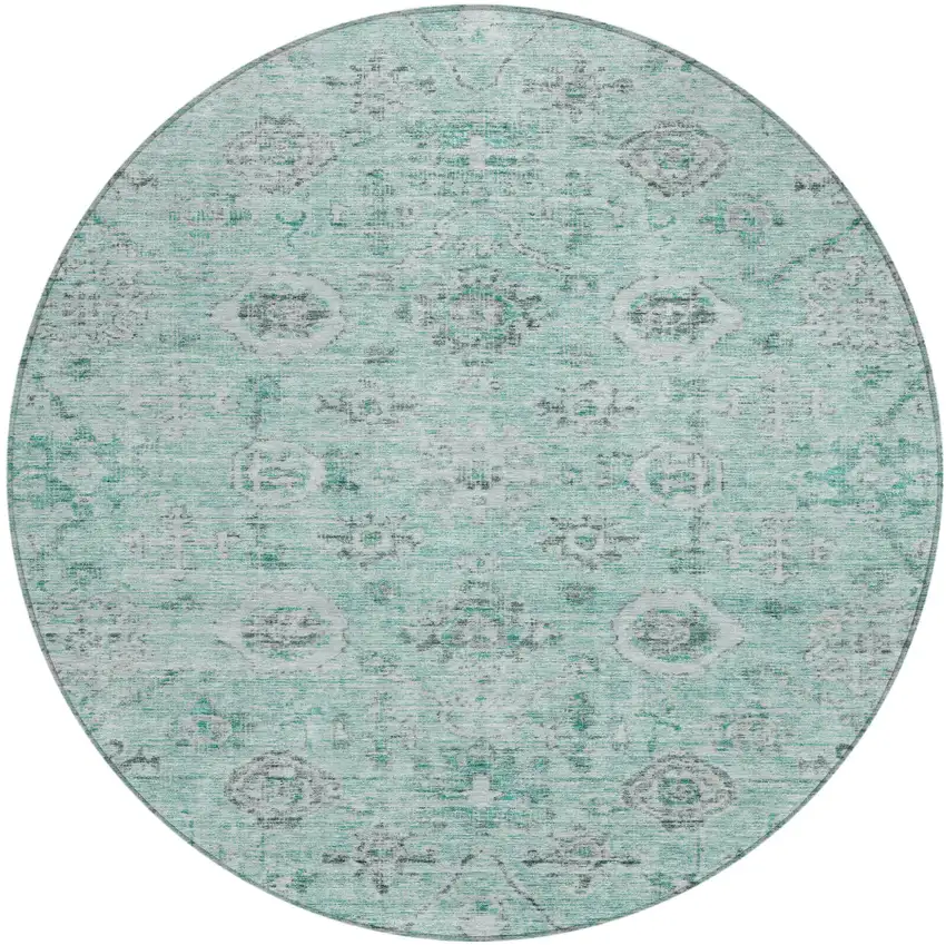 8' Teal Blue Ivory And Gray Round Damask Washable Indoor Outdoor Area Rug Photo 2