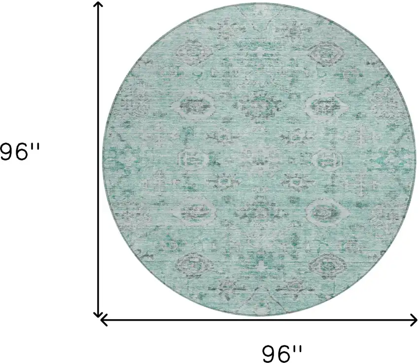 8' Teal Blue Ivory And Gray Round Damask Washable Indoor Outdoor Area Rug Photo 9