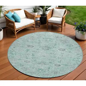 Photo of 8' Teal Blue Ivory And Gray Round Damask Washable Indoor Outdoor Area Rug