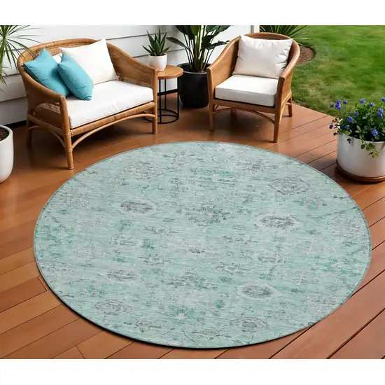 8' Teal Blue Ivory And Gray Round Damask Washable Indoor Outdoor Area Rug Photo 1