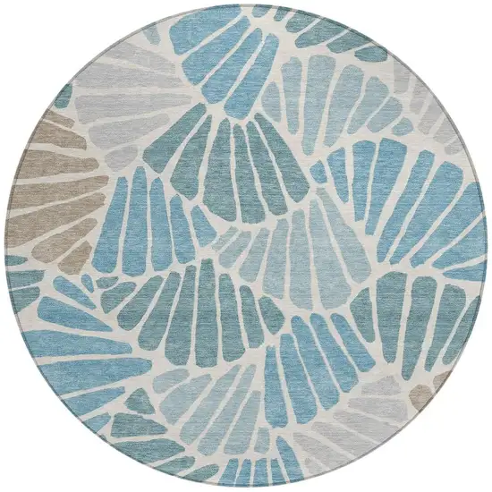 8' Teal Blue Ivory And Gray Round Floral Washable Indoor Outdoor Area Rug Photo 3