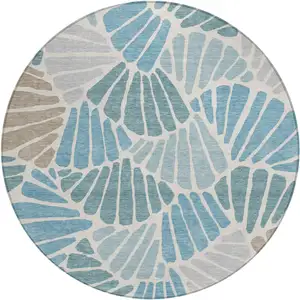 Photo of 8' Teal Blue Ivory And Gray Round Floral Washable Indoor Outdoor Area Rug