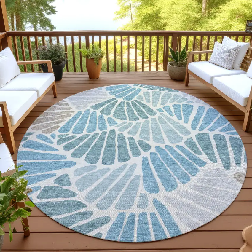 8' Teal Blue Ivory And Gray Round Floral Washable Indoor Outdoor Area Rug Photo 4