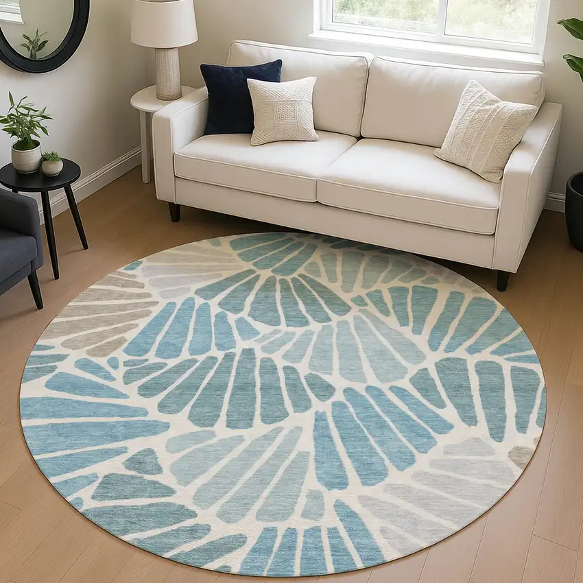 8' Teal Blue Ivory And Gray Round Floral Washable Indoor Outdoor Area Rug Photo 5