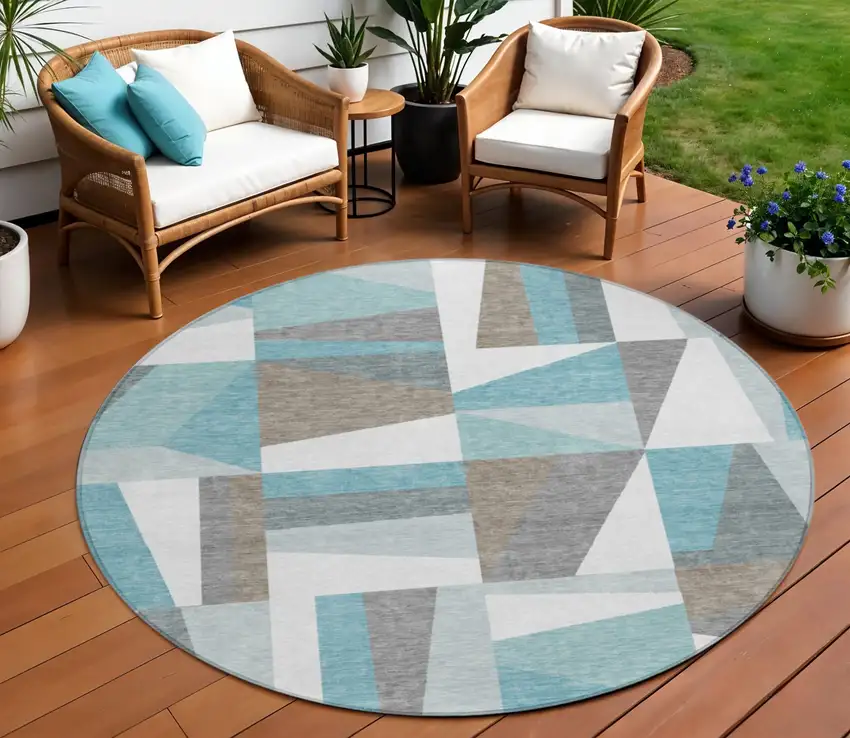 8' Teal Blue Ivory And Gray Round Geometric Washable Indoor Outdoor Area Rug Photo 1