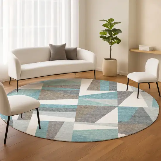 8' Teal Blue Ivory And Gray Round Geometric Washable Indoor Outdoor Area Rug Photo 9