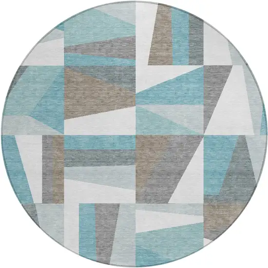 8' Teal Blue Ivory And Gray Round Geometric Washable Indoor Outdoor Area Rug Photo 2