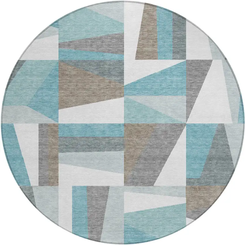 8' Teal Blue Ivory And Gray Round Geometric Washable Indoor Outdoor Area Rug Photo 2