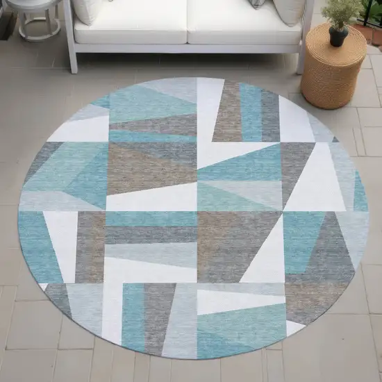 8' Teal Blue Ivory And Gray Round Geometric Washable Indoor Outdoor Area Rug Photo 8