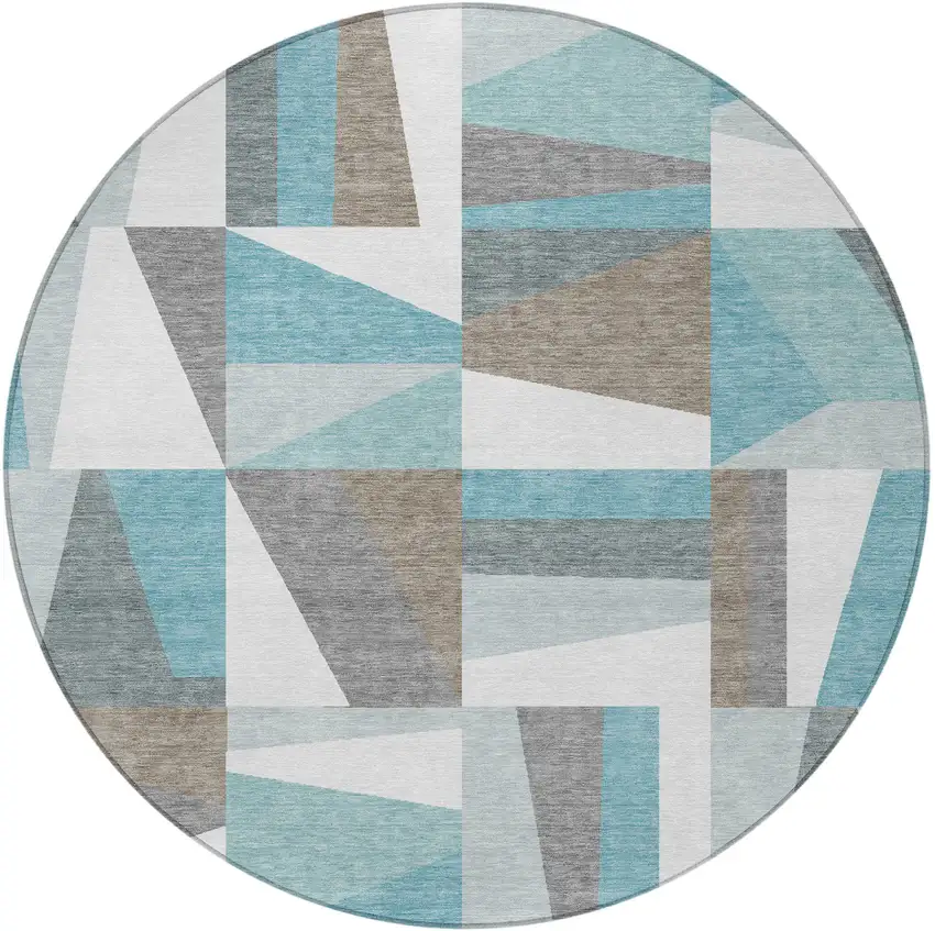 8' Teal Blue Ivory And Gray Round Geometric Washable Indoor Outdoor Area Rug Photo 5