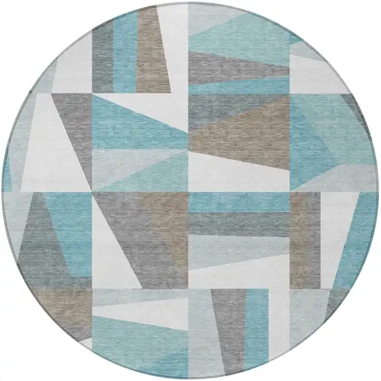 8' Teal Blue Ivory And Gray Round Geometric Washable Indoor Outdoor Area Rug Photo 5