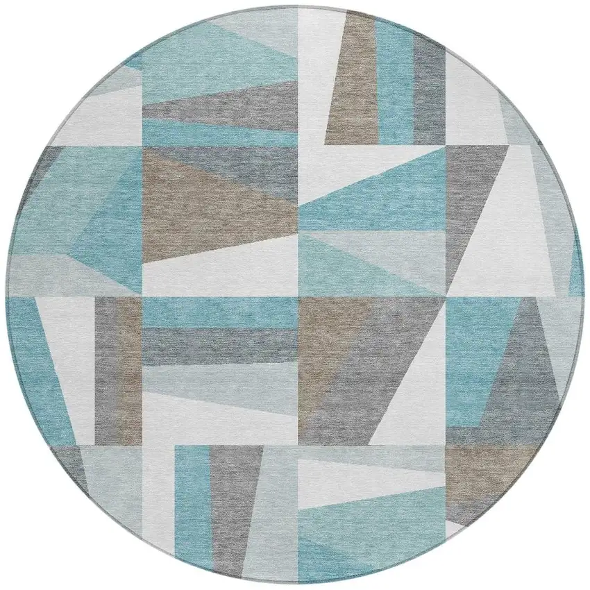 8' Teal Blue Ivory And Gray Round Geometric Washable Indoor Outdoor Area Rug Photo 4