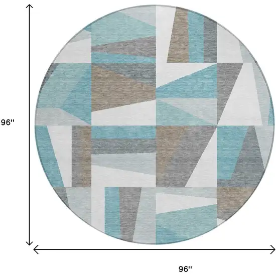 8' Teal Blue Ivory And Gray Round Geometric Washable Indoor Outdoor Area Rug Photo 3