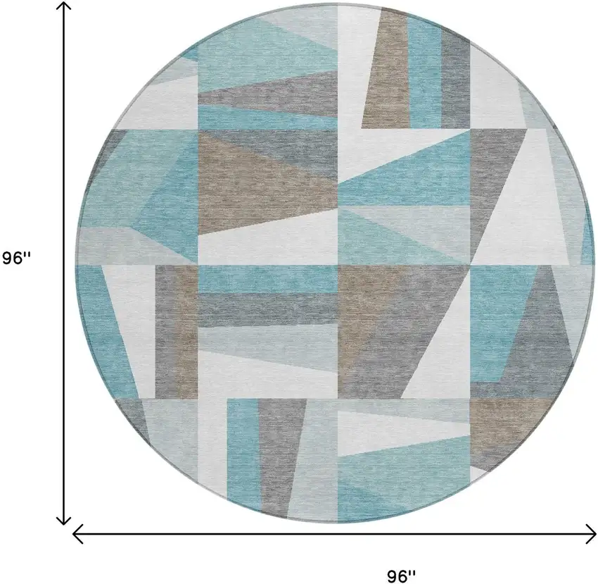 8' Teal Blue Ivory And Gray Round Geometric Washable Indoor Outdoor Area Rug Photo 3