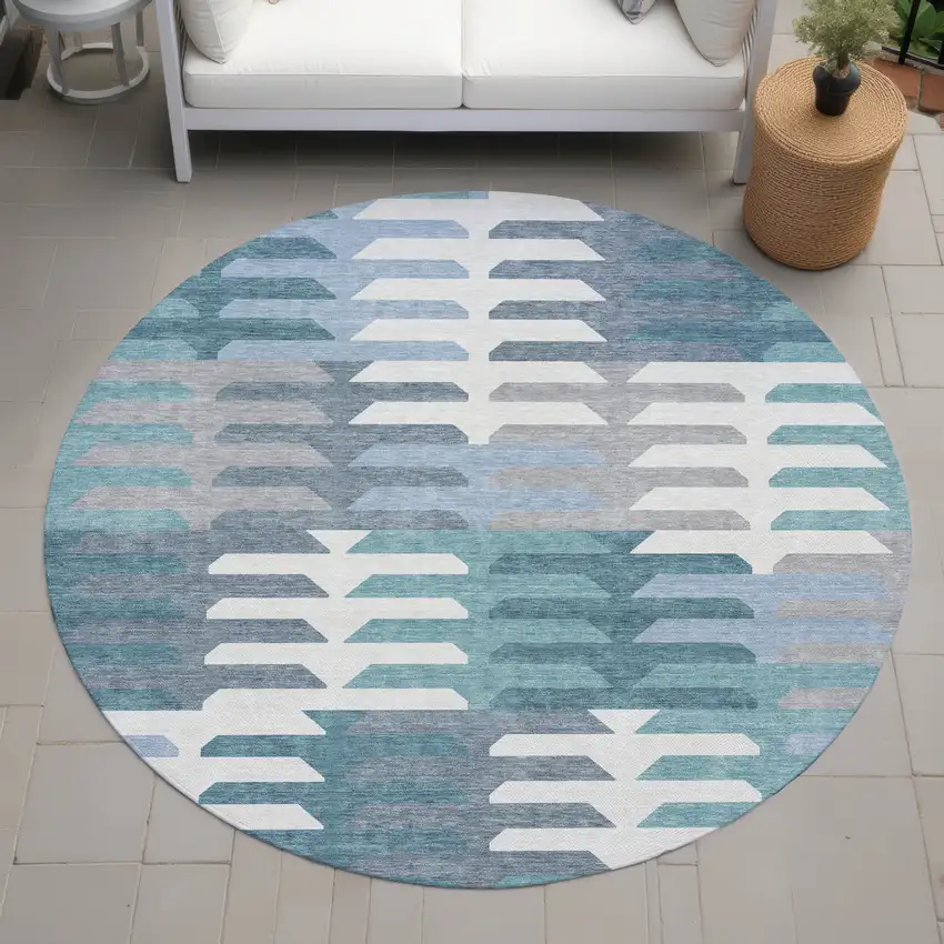 8' Teal Blue Ivory And Gray Round Geometric Washable Indoor Outdoor Area Rug Photo 8