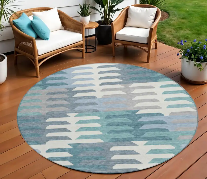 8' Teal Blue Ivory And Gray Round Geometric Washable Indoor Outdoor Area Rug Photo 1