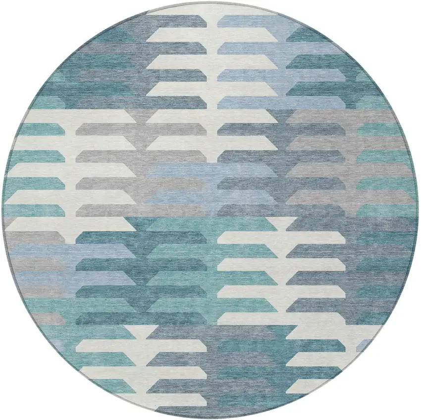 8' Teal Blue Ivory And Gray Round Geometric Washable Indoor Outdoor Area Rug Photo 5