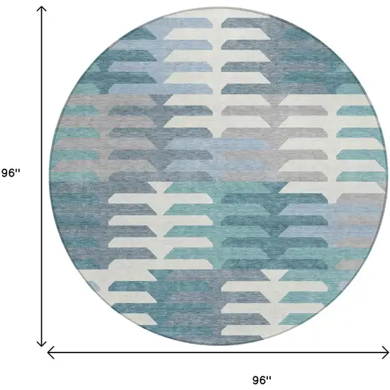 8' Teal Blue Ivory And Gray Round Geometric Washable Indoor Outdoor Area Rug Photo 3