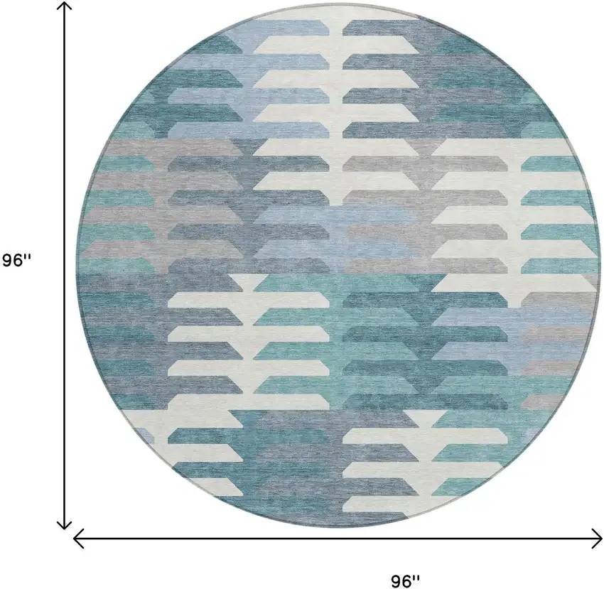8' Teal Blue Ivory And Gray Round Geometric Washable Indoor Outdoor Area Rug Photo 3