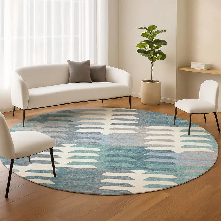 8' Teal Blue Ivory And Gray Round Geometric Washable Indoor Outdoor Area Rug Photo 9