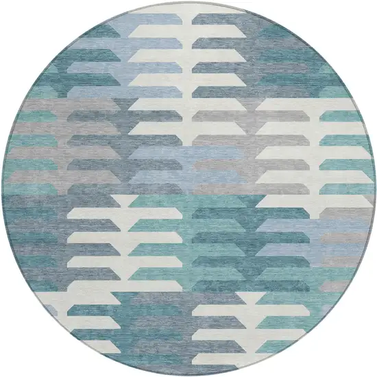 8' Teal Blue Ivory And Gray Round Geometric Washable Indoor Outdoor Area Rug Photo 2
