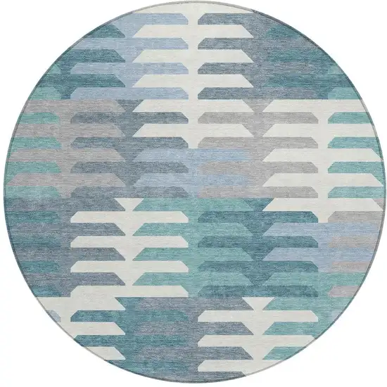 8' Teal Blue Ivory And Gray Round Geometric Washable Indoor Outdoor Area Rug Photo 4