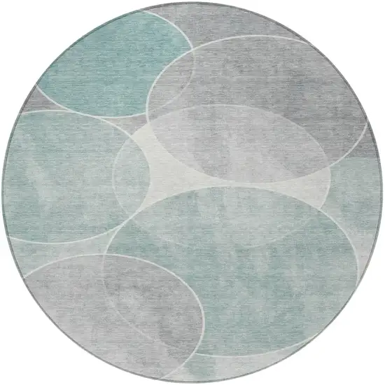 8' Teal Blue Ivory And Gray Round Geometric Washable Indoor Outdoor Area Rug Photo 4