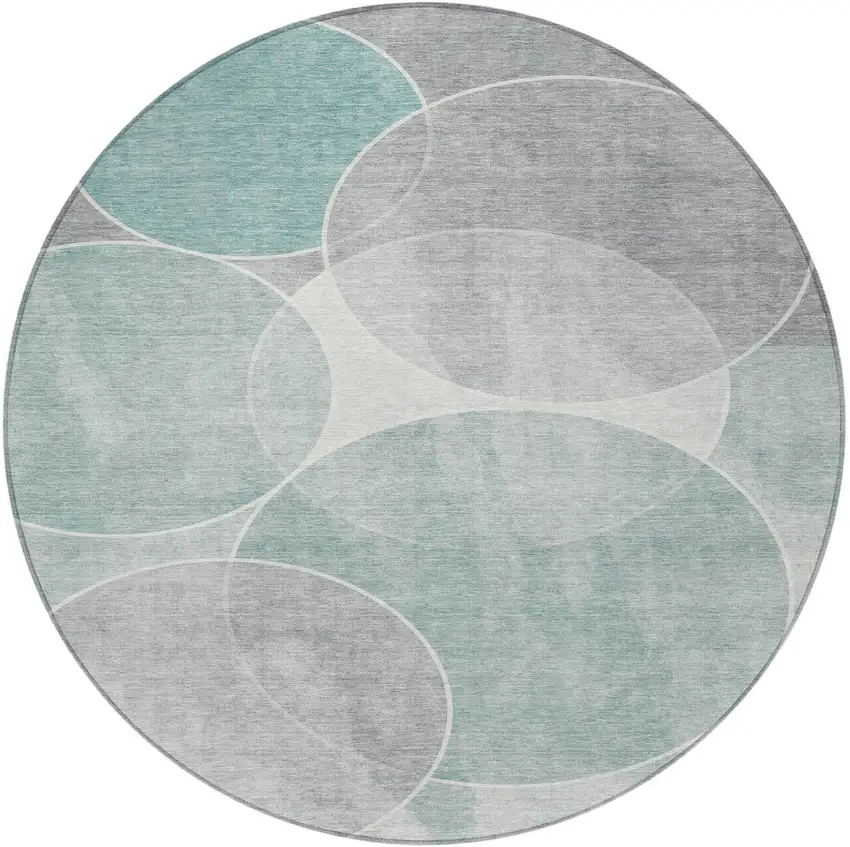 8' Teal Blue Ivory And Gray Round Geometric Washable Indoor Outdoor Area Rug Photo 4