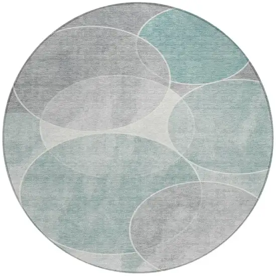 8' Teal Blue Ivory And Gray Round Geometric Washable Indoor Outdoor Area Rug Photo 5