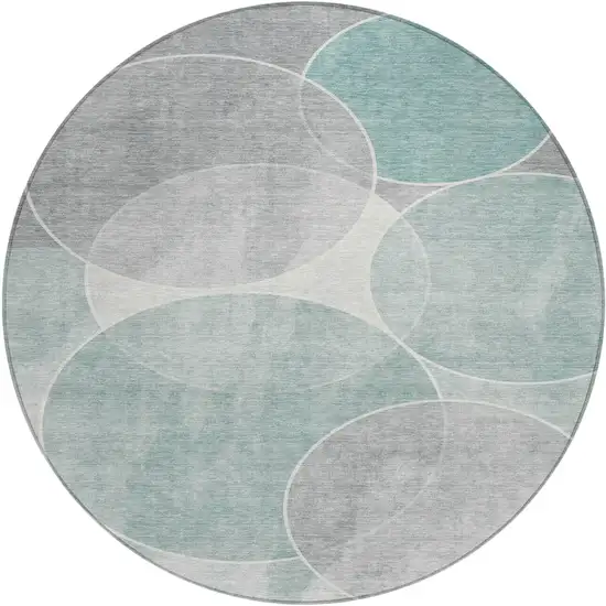 8' Teal Blue Ivory And Gray Round Geometric Washable Indoor Outdoor Area Rug Photo 2