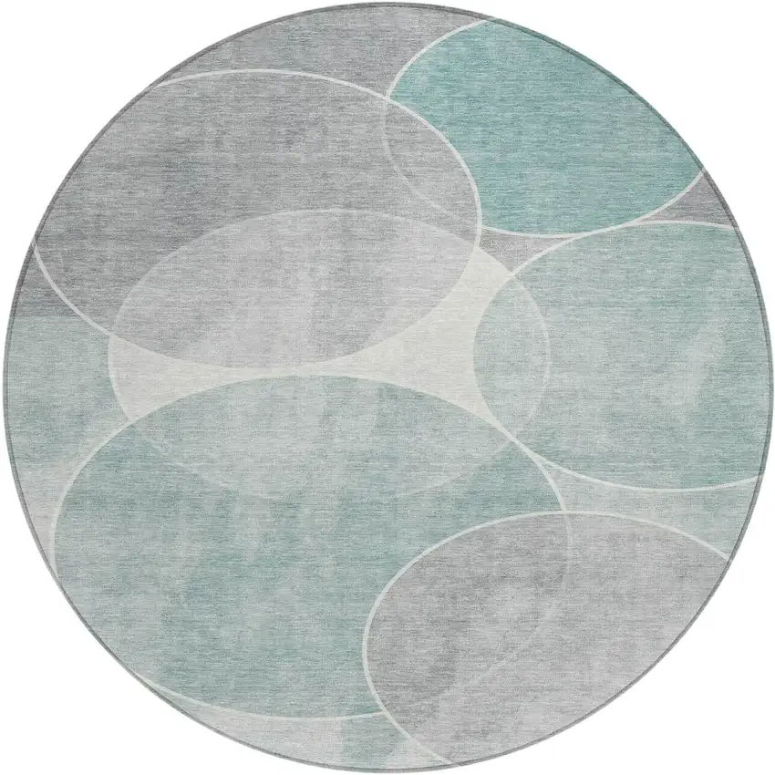 8' Teal Blue Ivory And Gray Round Geometric Washable Indoor Outdoor Area Rug Photo 2