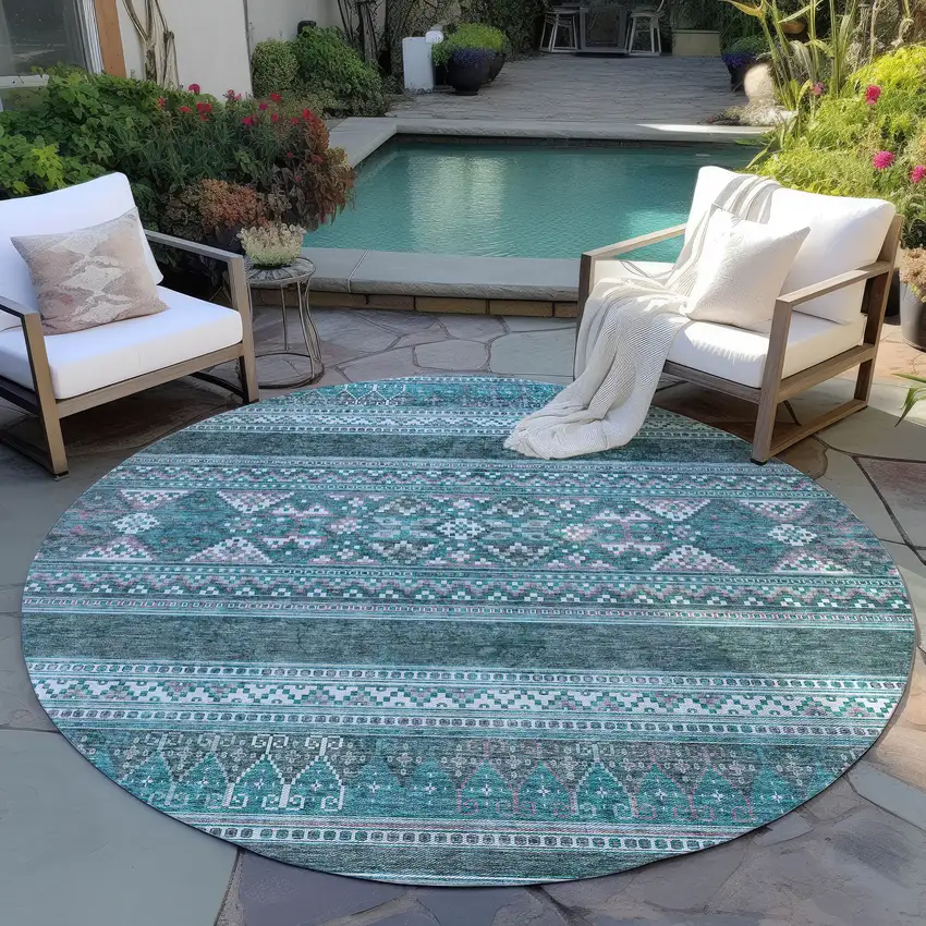 8' Teal Blue Ivory And Gray Round Southwestern Washable Indoor Outdoor Area Rug Photo 8