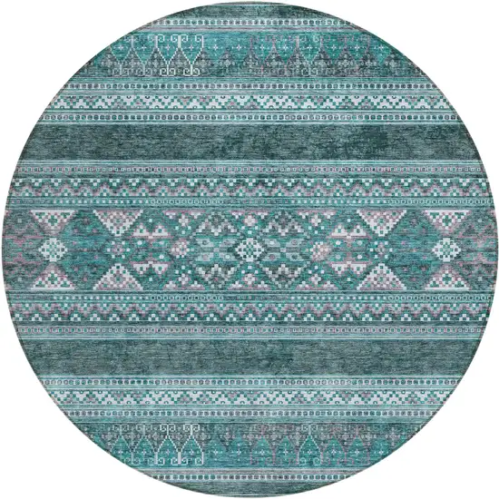 8' Teal Blue Ivory And Gray Round Southwestern Washable Indoor Outdoor Area Rug Photo 1