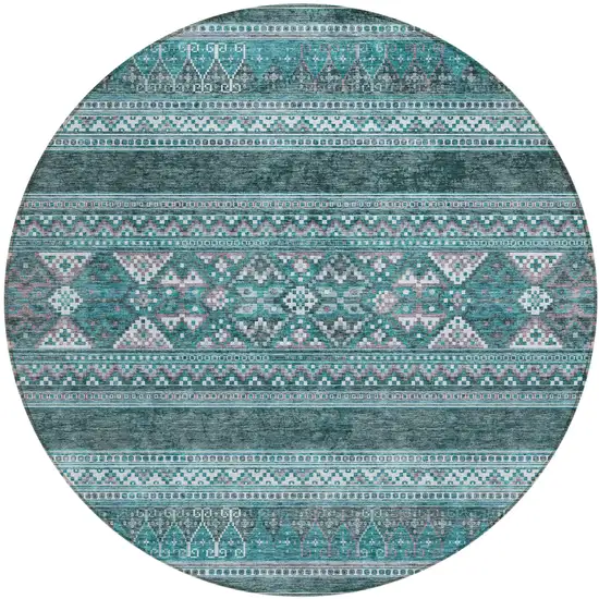 8' Teal Blue Ivory And Gray Round Southwestern Washable Indoor Outdoor Area Rug Photo 1