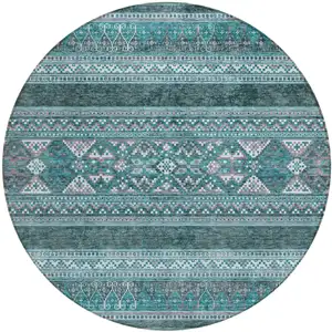 Photo of 8' Teal Blue Ivory And Gray Round Southwestern Washable Indoor Outdoor Area Rug