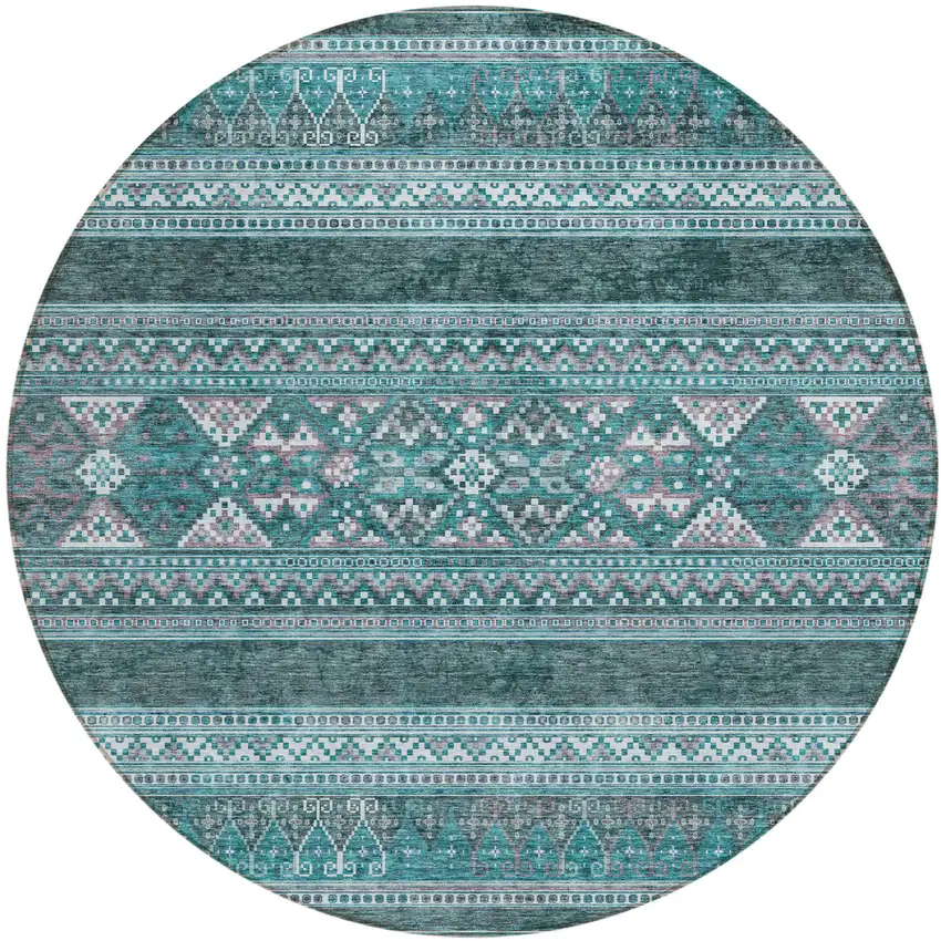8' Teal Blue Ivory And Gray Round Southwestern Washable Indoor Outdoor Area Rug Photo 1