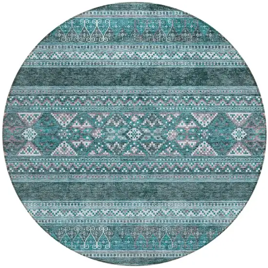 8' Teal Blue Ivory And Gray Round Southwestern Washable Indoor Outdoor Area Rug Photo 5