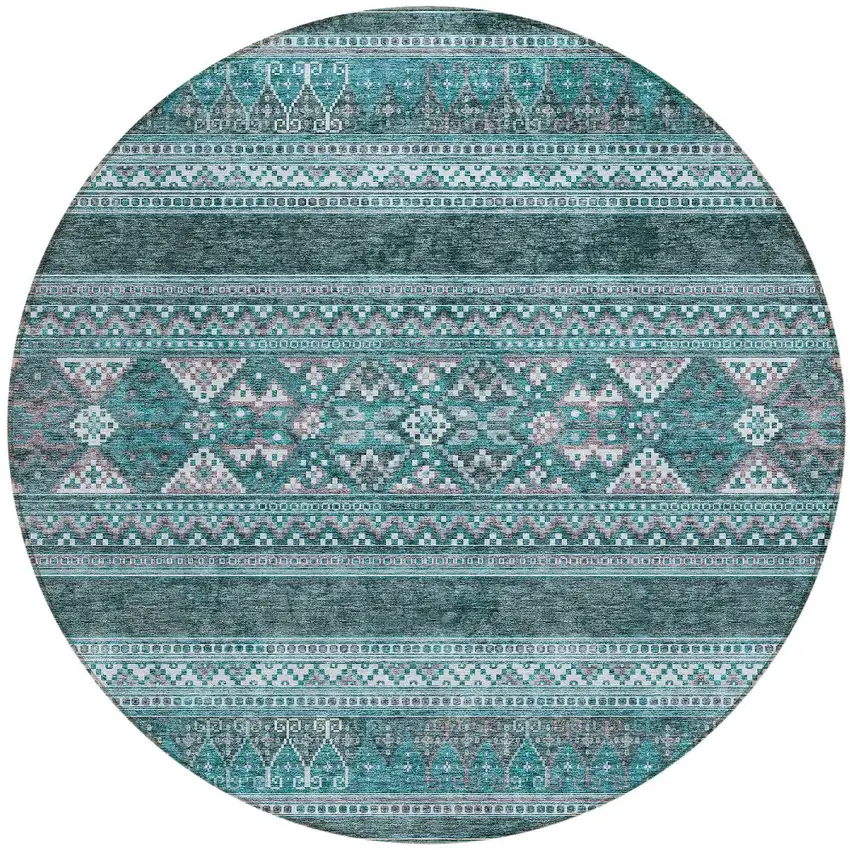 8' Teal Blue Ivory And Gray Round Southwestern Washable Indoor Outdoor Area Rug Photo 5