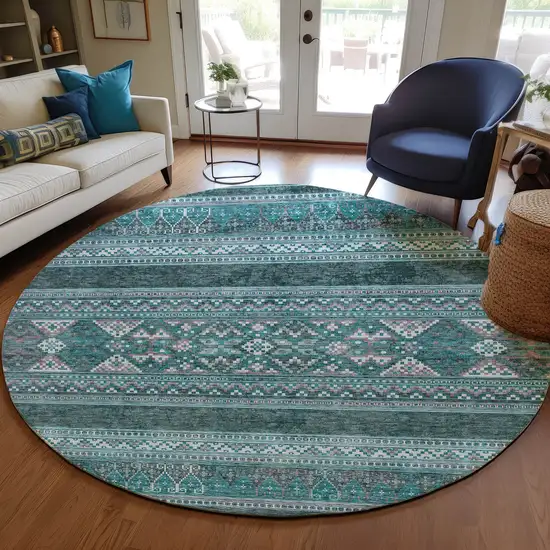 8' Teal Blue Ivory And Gray Round Southwestern Washable Indoor Outdoor Area Rug Photo 9