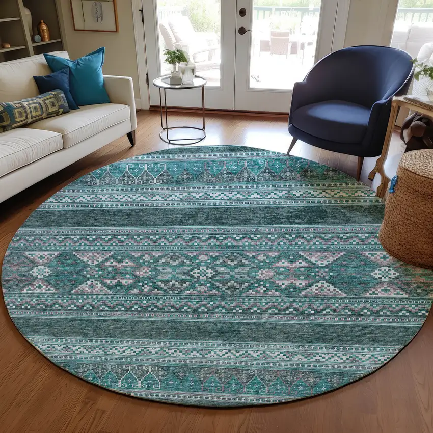 8' Teal Blue Ivory And Gray Round Southwestern Washable Indoor Outdoor Area Rug Photo 9