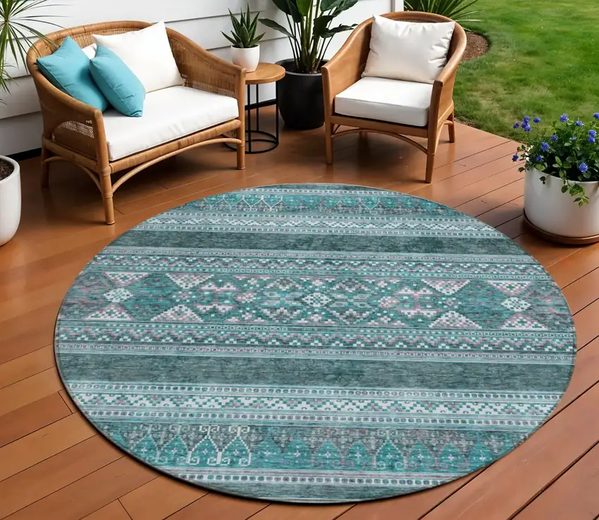 8' Teal Blue Ivory And Gray Round Southwestern Washable Indoor Outdoor Area Rug Photo 1