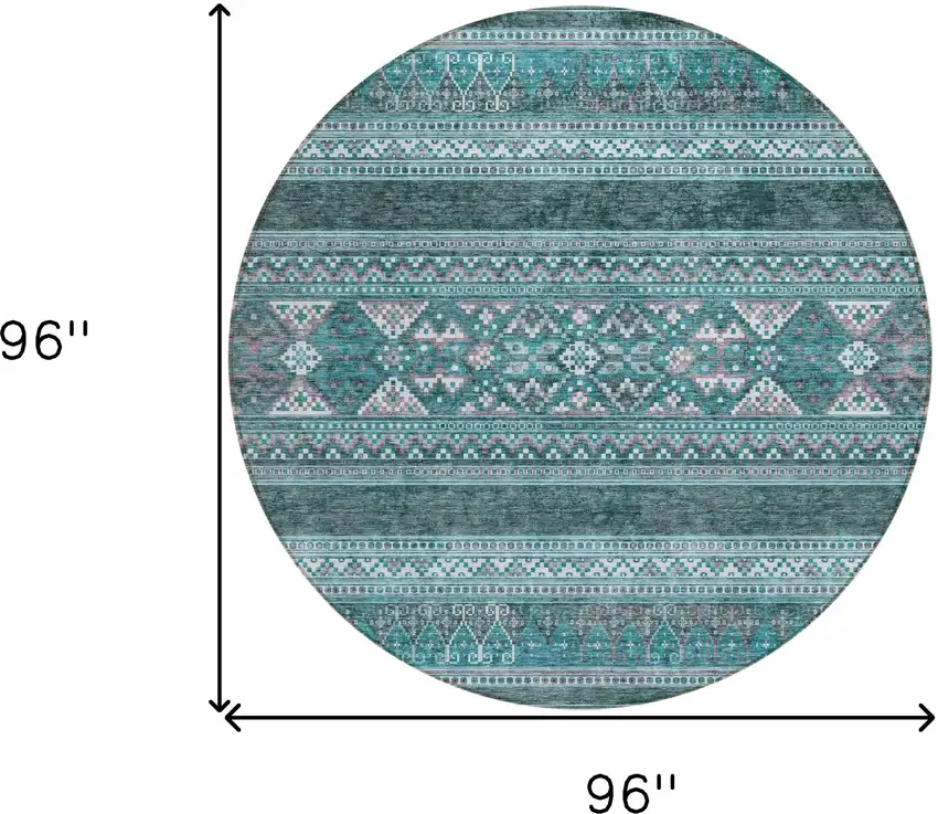 8' Teal Blue Ivory And Gray Round Southwestern Washable Indoor Outdoor Area Rug Photo 3