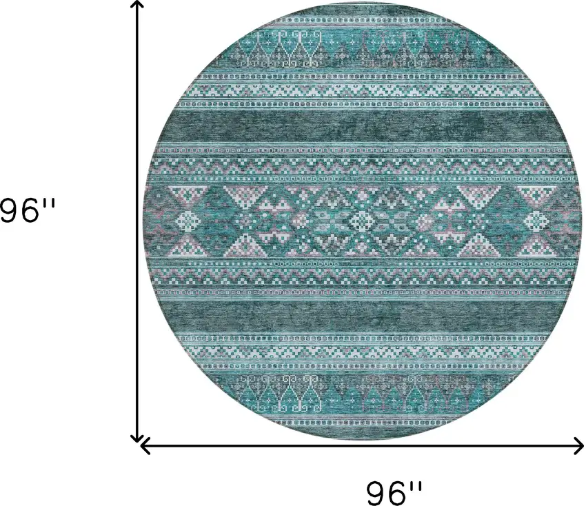 8' Teal Blue Ivory And Gray Round Southwestern Washable Indoor Outdoor Area Rug Photo 3