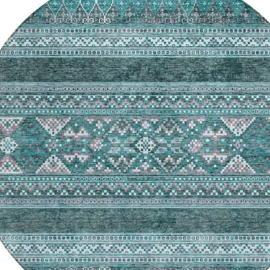 8' Teal Blue Ivory And Gray Round Southwestern Washable Indoor Outdoor Area Rug Photo 5