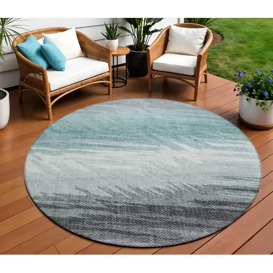8' Teal Blue Ivory And Gray Round Striped Washable Indoor Outdoor Area Rug Photo 1