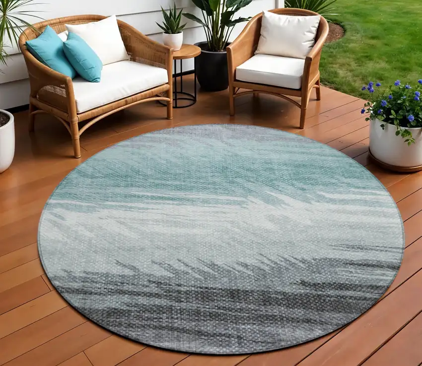 8' Teal Blue Ivory And Gray Round Striped Washable Indoor Outdoor Area Rug Photo 1