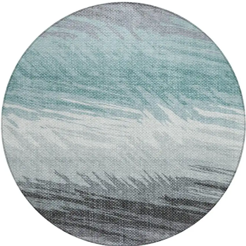 8' Teal Blue Ivory And Gray Round Striped Washable Indoor Outdoor Area Rug Photo 4