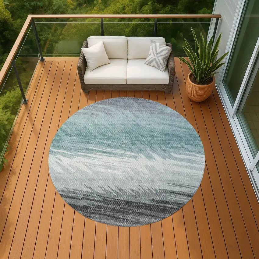 8' Teal Blue Ivory And Gray Round Striped Washable Indoor Outdoor Area Rug Photo 8